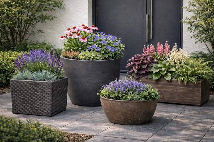 Attraktive Arrangements aus pflegeleichten Pflanzen für den Vorgarten und Eingang