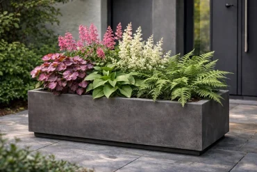 Bergenie (Bergenia cordifolia), Prachtspiere (Astilbe × arendsii), Farn (var. Polypodiopsida) als Pflanzpartner