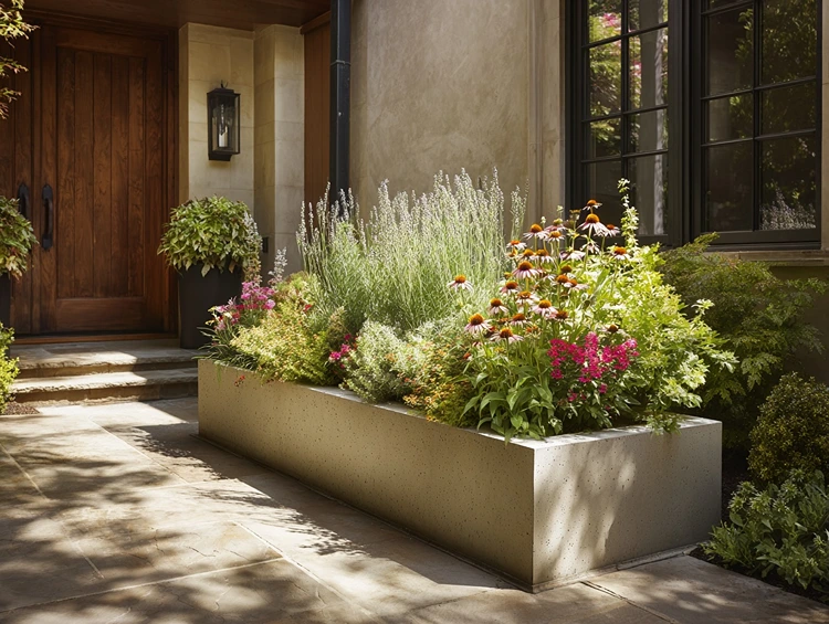 Beton-Kübel natürlich, aber strukturiert gestalten mit grünen und blühenden Pflanzen