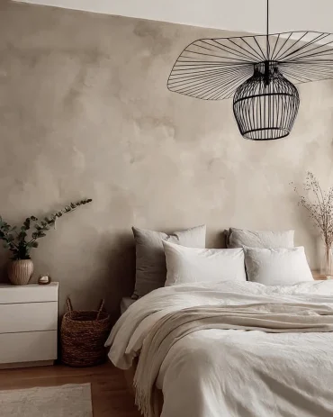 bett vor strukturierter limewash wand