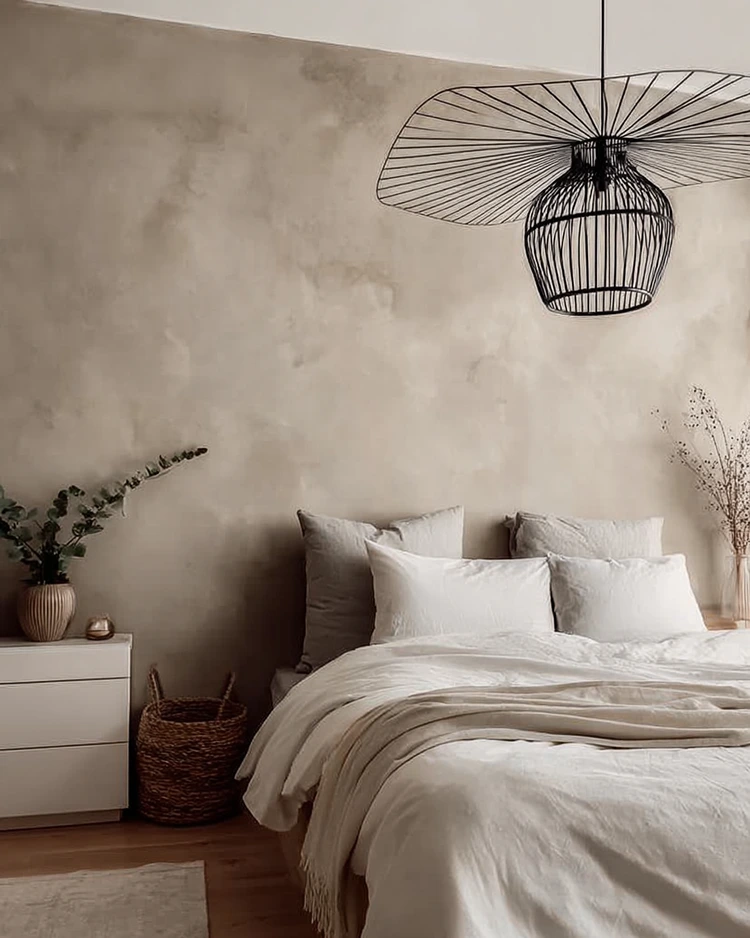bett vor strukturierter limewash wand