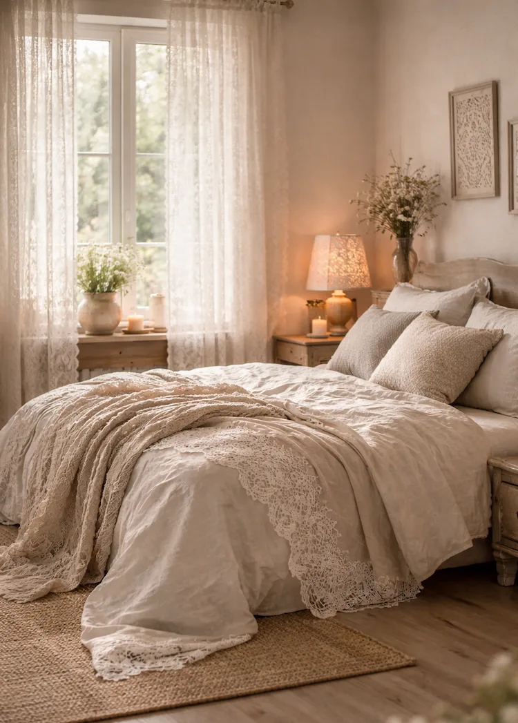 Bettdecke und Vorhänge mit Spitze im romantischen Schlafzimmer