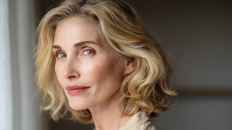 bob ab 50 mit seitenscheitel blonde haare halblang