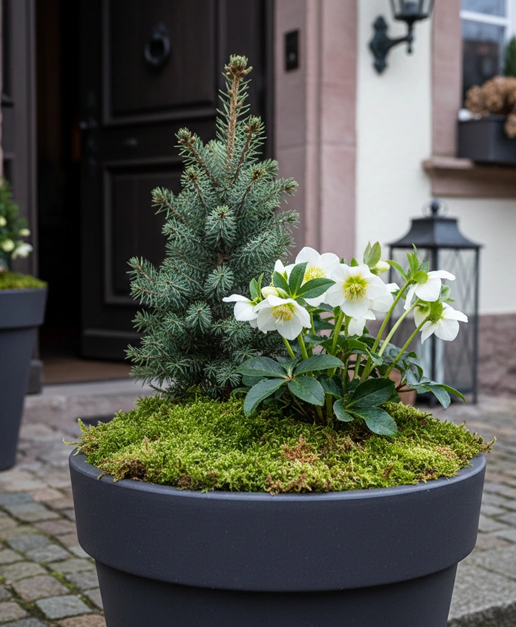 christrose mit kleiner konifere – klassischer winterkübel mit moos