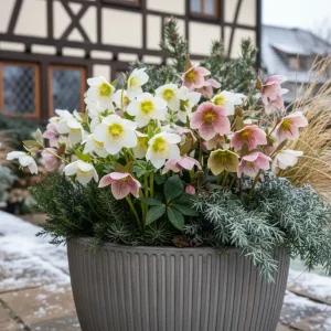 christrosen im winterkübel – elegante bepflanzung vor dem hauseingang