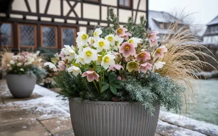 christrosen im winterkübel – elegante bepflanzung vor dem hauseingang