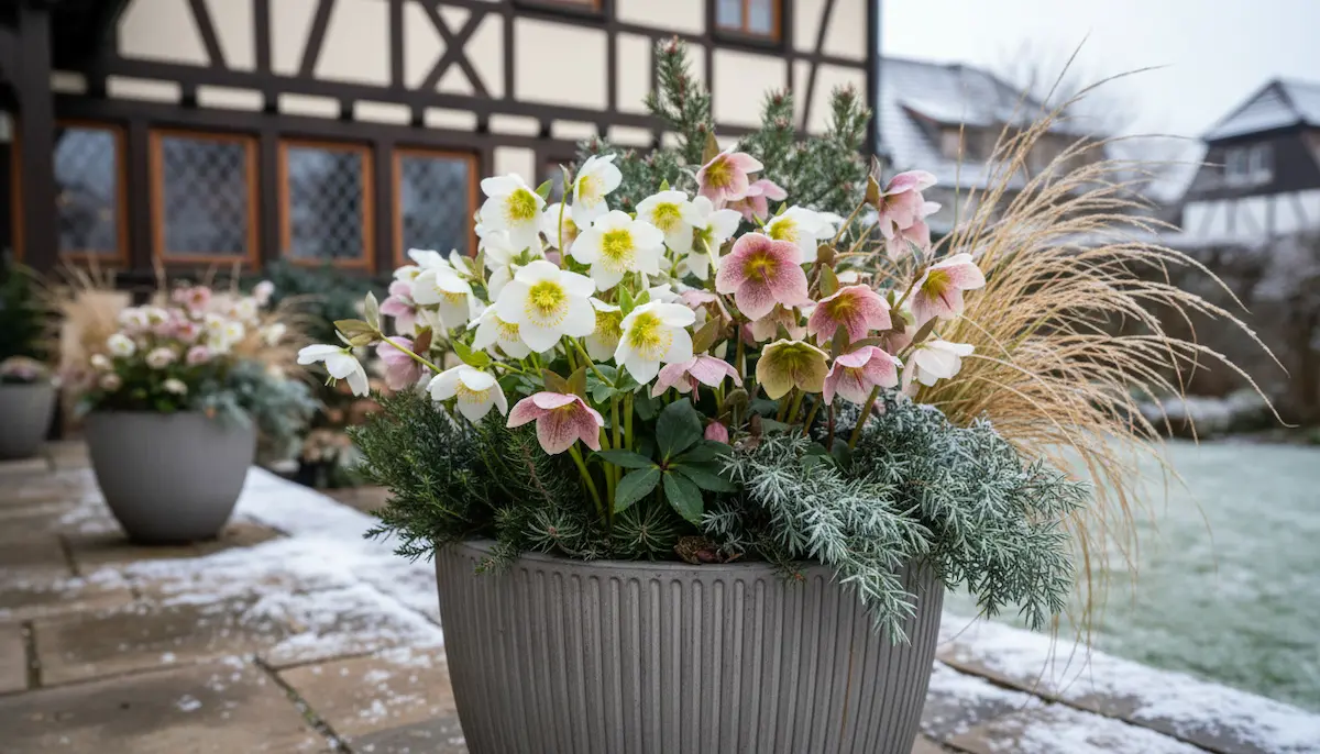 christrosen im winterkübel – elegante bepflanzung vor dem hauseingang