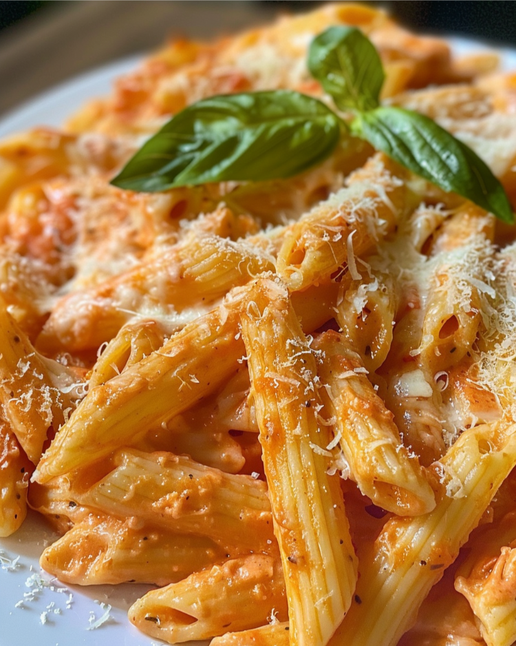 cremige pasta mit tomaten und basilikum, zubereitet in einer heißluftfritteuse