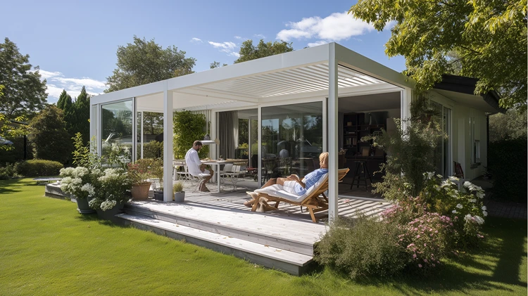 Das Lamellendach schützt vor Regen und Sonne, kann aber auch offen bleiben