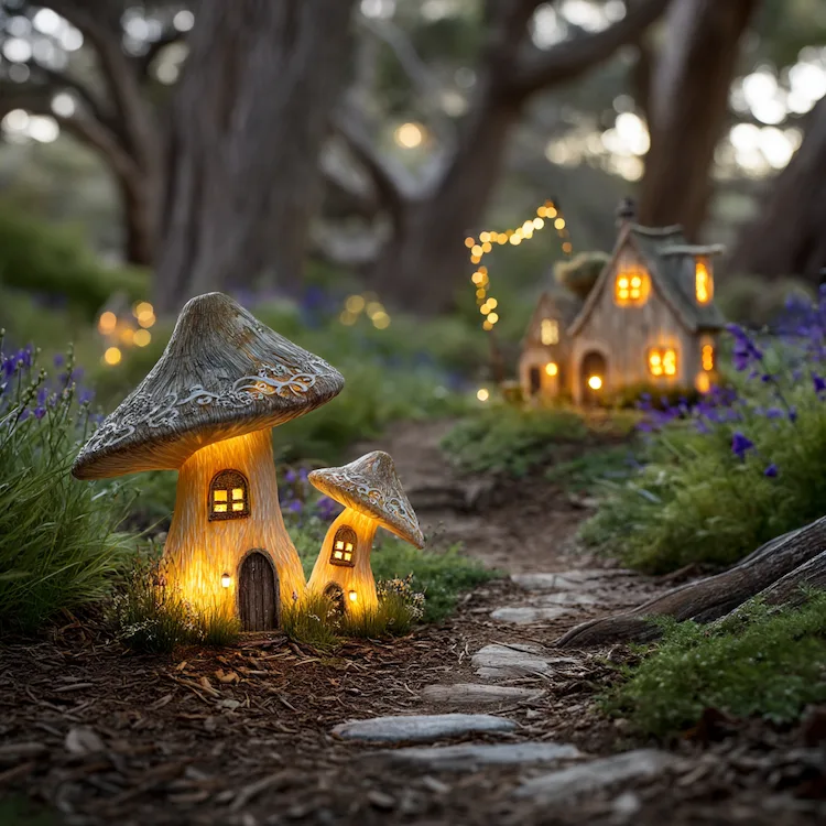 Deko mit Elfen und Feen um den gartenweg