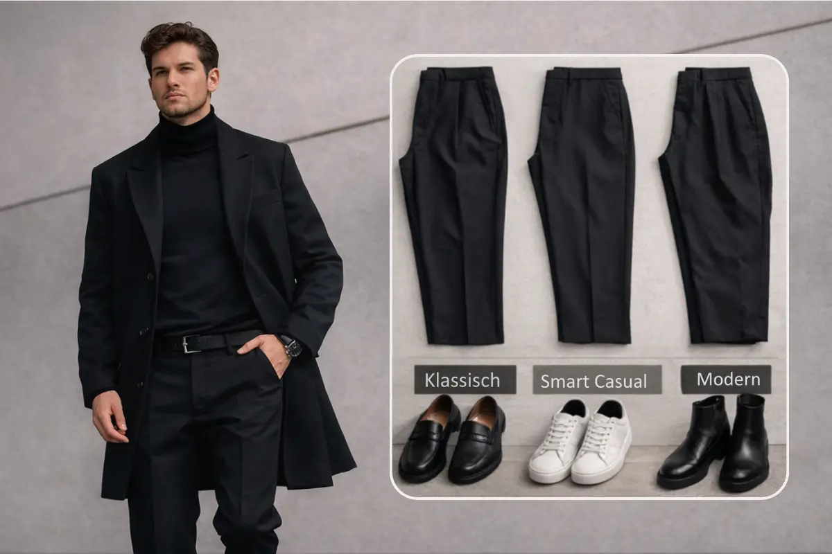 drei schwarze herrenhosen für die capsule wardrobe klassisch, smart casual, modern