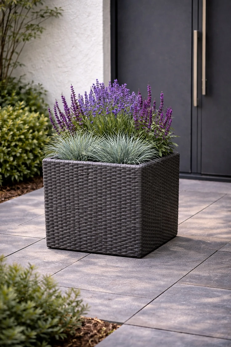 Echter Lavendel (Lavandula angustifolia), Steppen-Salbei (Salvia nemorosa 'Caradonna'), Blauschwingel (Festuca glauca) im Rattan-Kübel