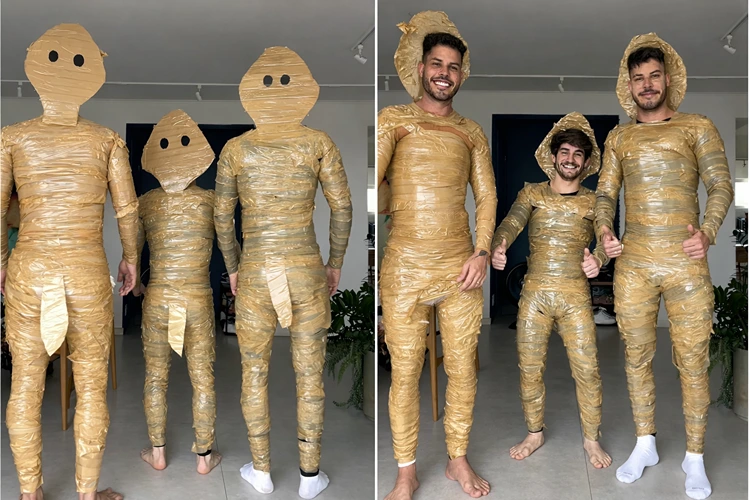 Eidechsen als witziges Gruppenkostüm für Männer aus Paketklebeband