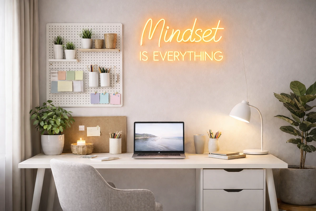 Ein motivierender Neo-Spruch für die Wandgestaltung im Homeoffice