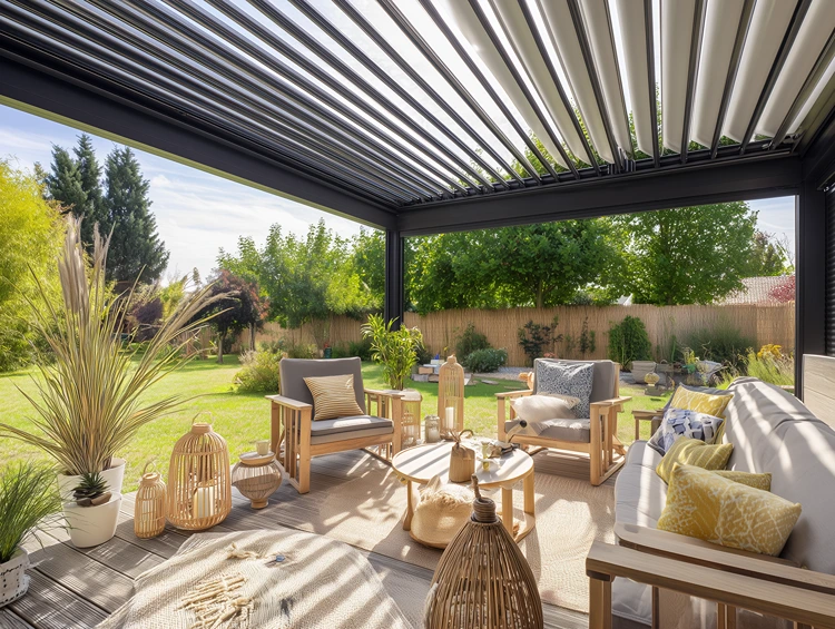 Eine Pergola mit Lamellendach ist flexibel und ans Wetter anpassbar