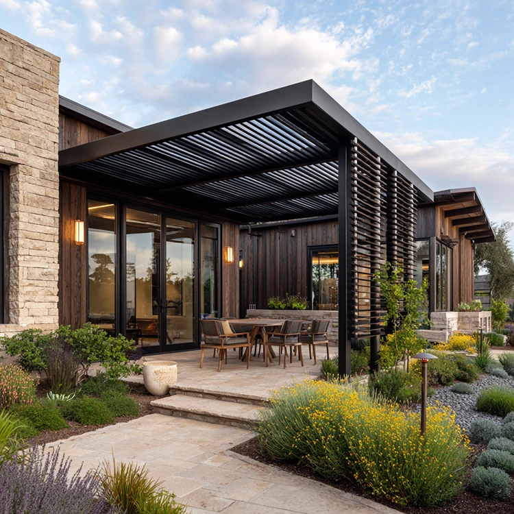 Eine Pergola mit Lamellendach und Seitenteilen schützt auch vor der Sonne im Westen