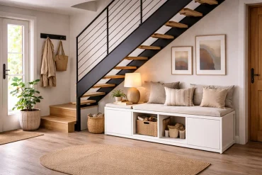 Eine Sitzbank zum Lesen oder Ankleiden im Eingangsbereich