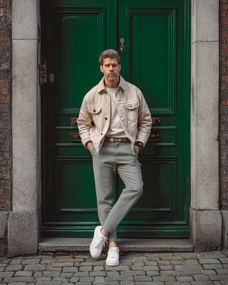 eleganter business casual look mit hellen sneakern und strukturhose