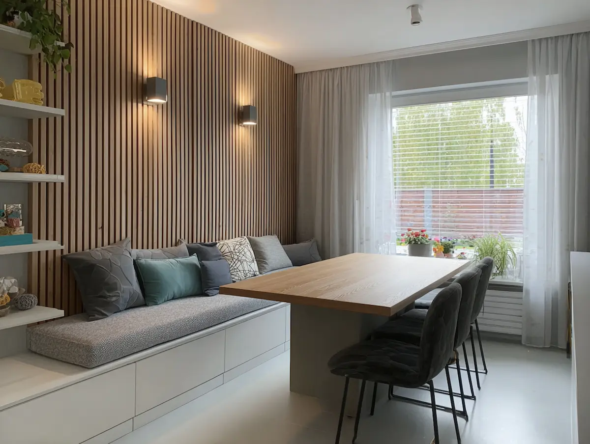 essbereich mit holzpaneelen und sitzbank