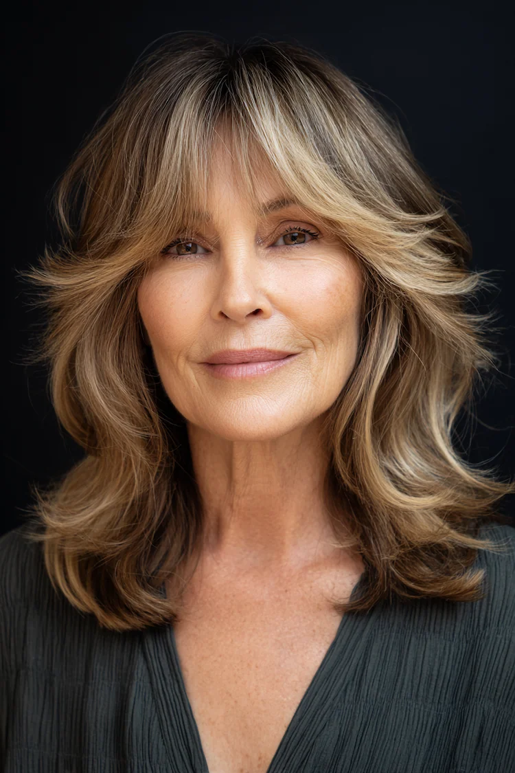 federschnitt auf braunem haar mit honigblonden strähnchen