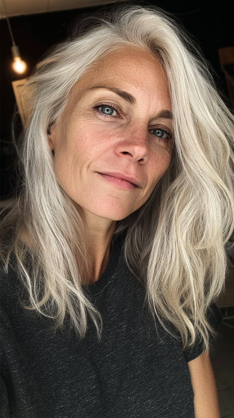 frau ab 50 mit langen blonden haaren und seitenscheitel