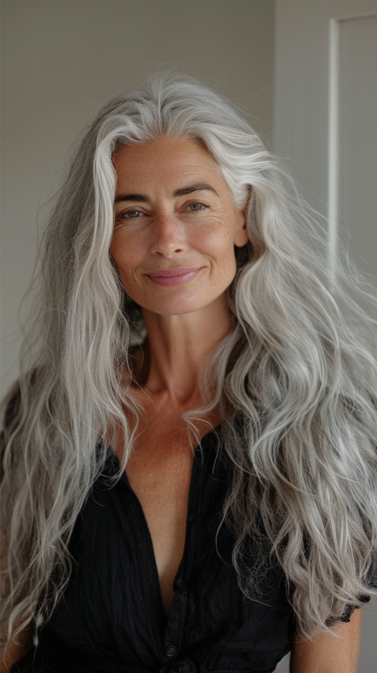 frau ab 50 mit langen grauen gewellten haaren