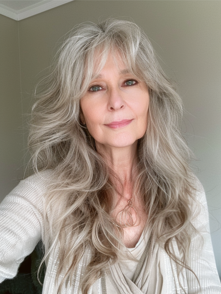 frau ab 50 mit langen grauen haaren und stufen, frisur im stil der 90er jahre