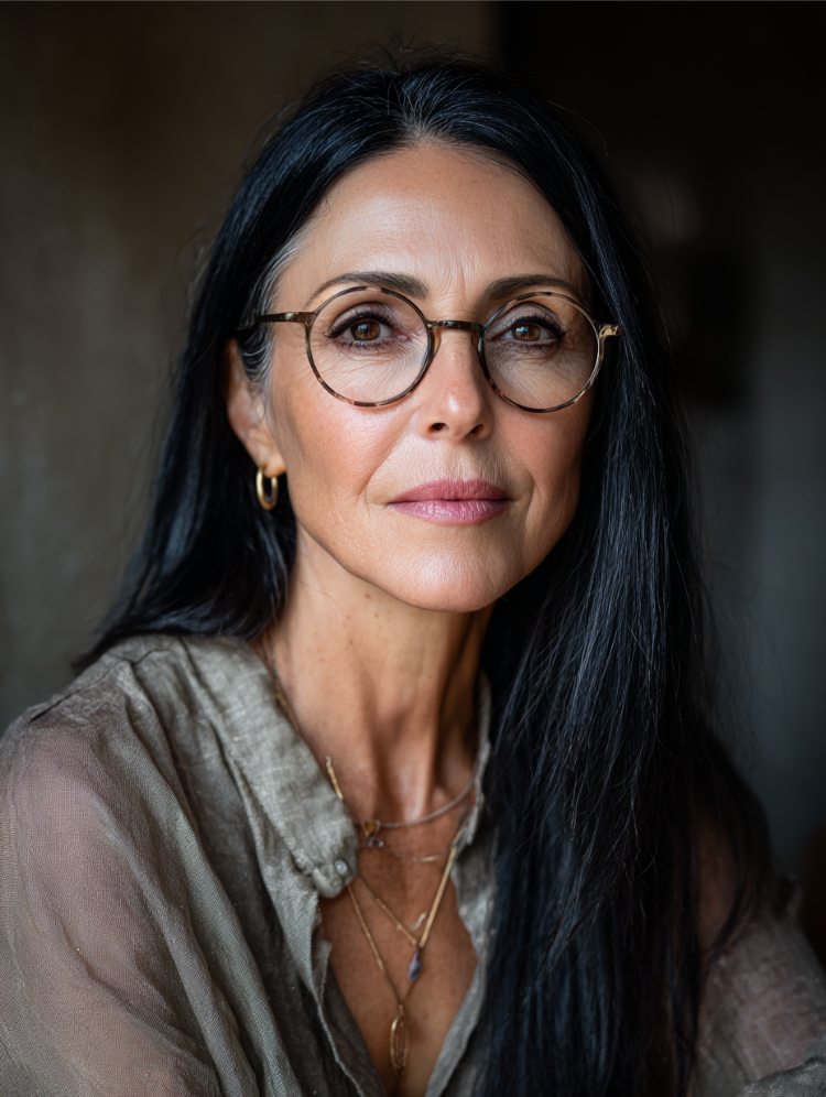 frau ab 50 mit langen schwarzen haaren