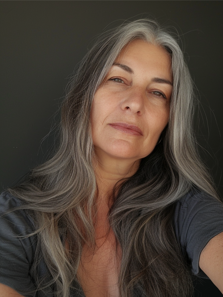 frau ab 50 mit stilvollem langen haar mit mittelscheitel ohne volumen