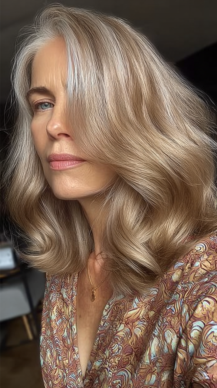 frau ab 50 mit welligem, langem blondem haar und seitenscheitel
