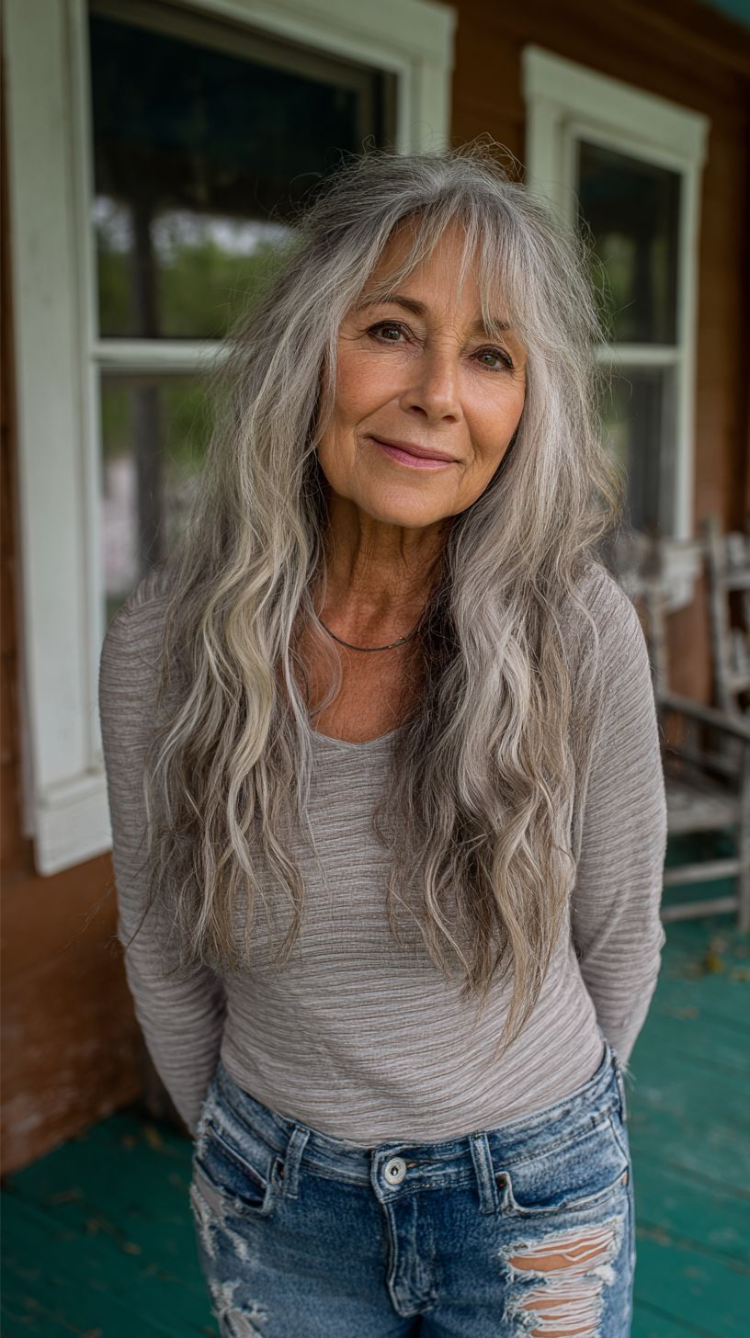 frau ab 60 mit grauen langen gewellten haaren und pony