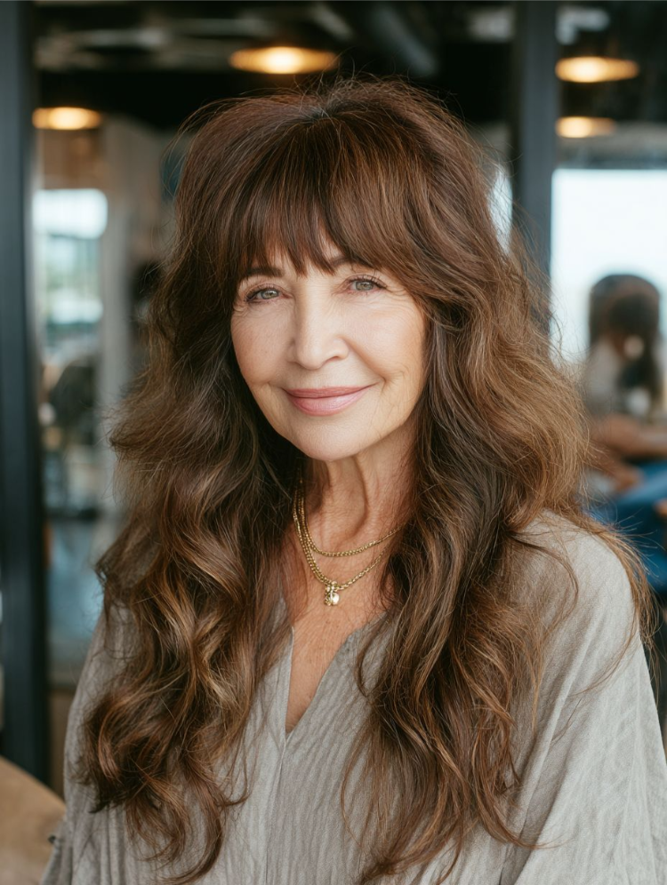 frau ab 60 mit langen gewellten haaren und pony