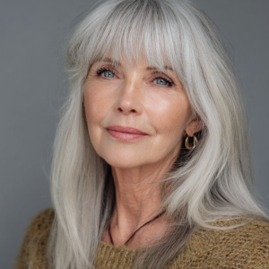 frau ab 60 mit langen grauen haaren und pony