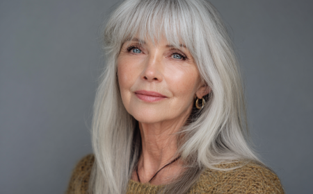 frau ab 60 mit langen grauen haaren und pony