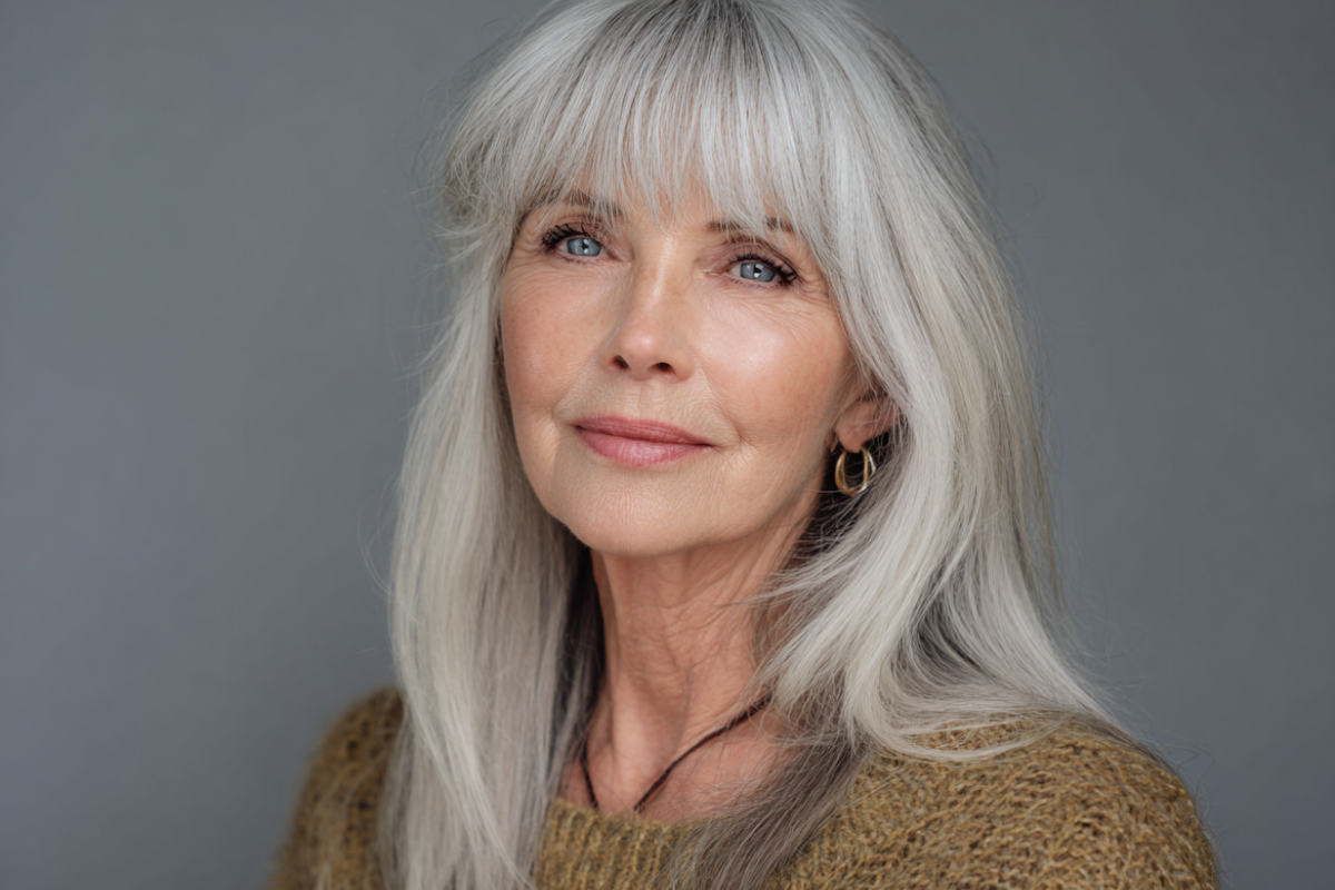 frau ab 60 mit langen grauen haaren und pony