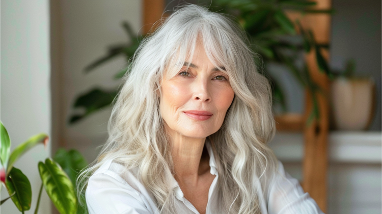 frau ab 60 mit langen, welligen weißen haaren und pony