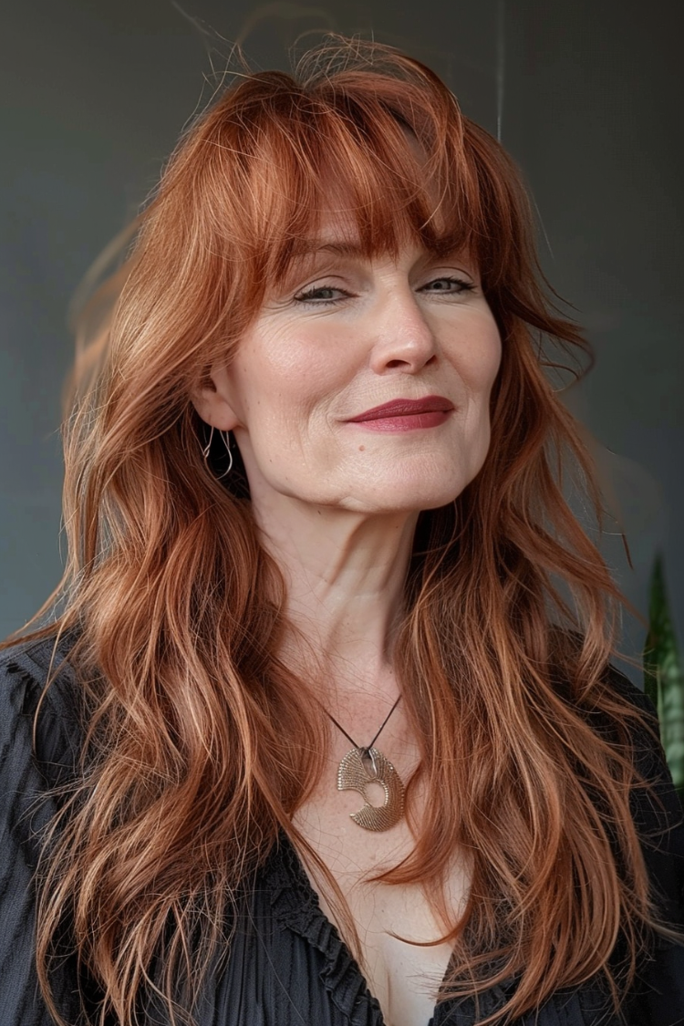 frau mit langem, modernem federschnitt in kupfer