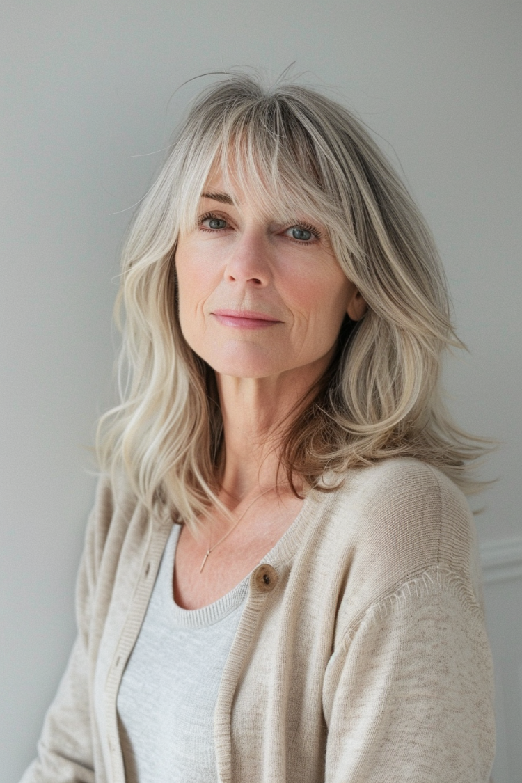 frau mit mittellangem federschnitt in hellblond