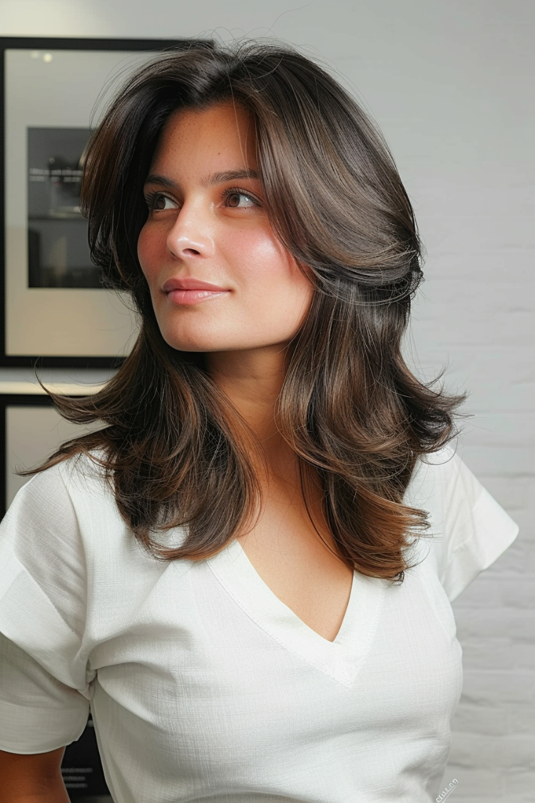 frau mit mittellangem federschnitt