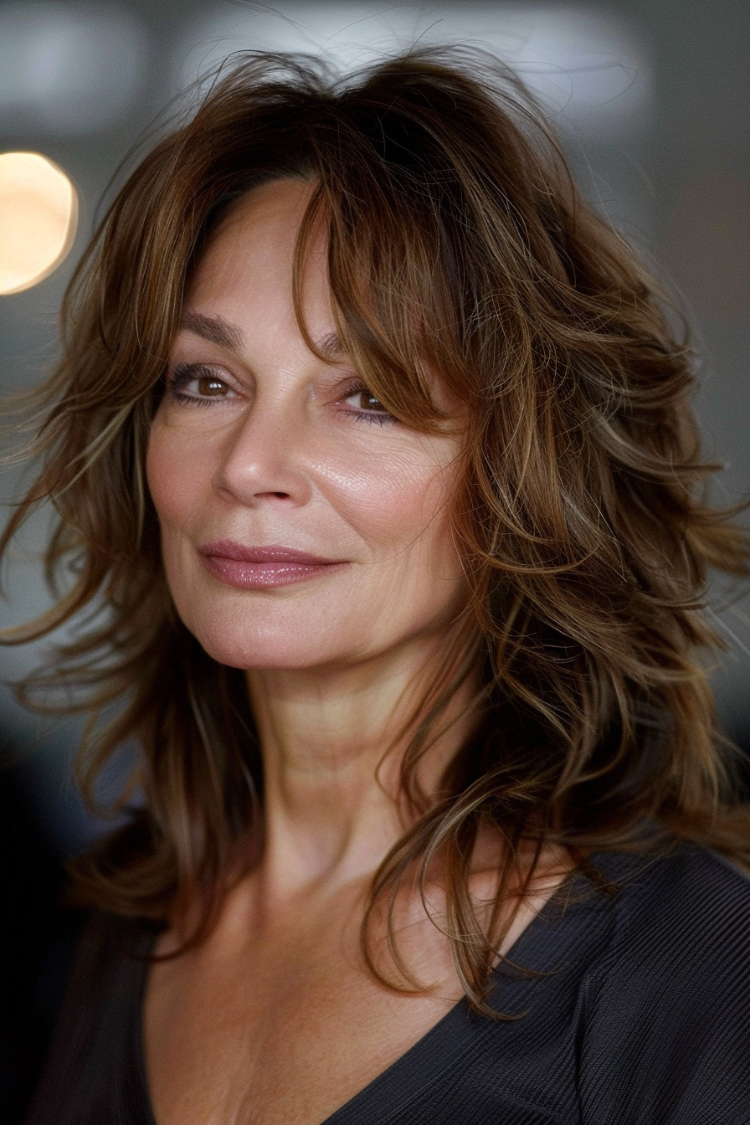 frau mit mittellangem, modernem feder schnitt