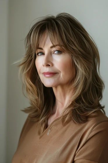 frau mit modernem feder schnitt in mittlerer länge