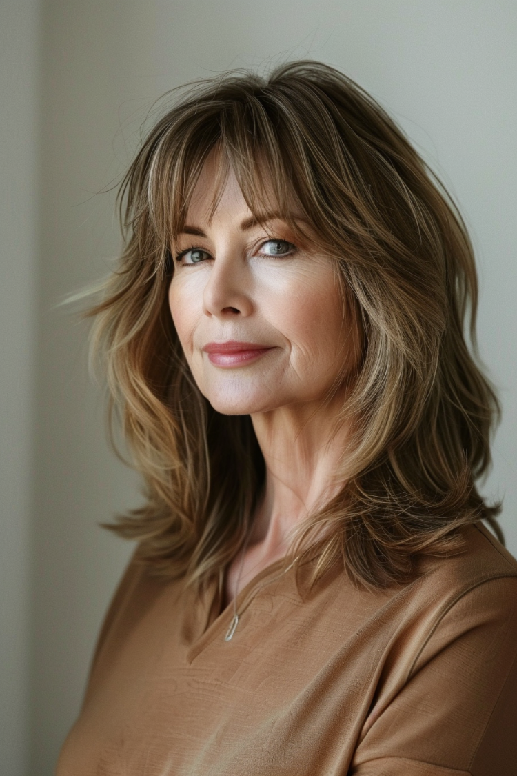 frau mit modernem feder schnitt in mittlerer länge