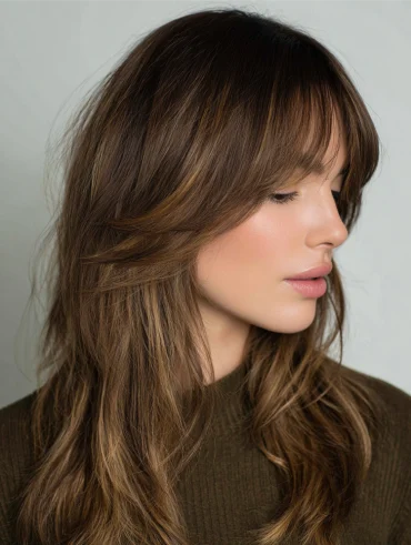 frau mit modernem feder schnitt und braunem haar