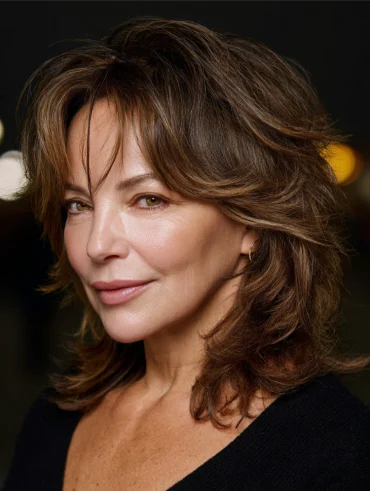 frau mit schulterlangem federschnitt