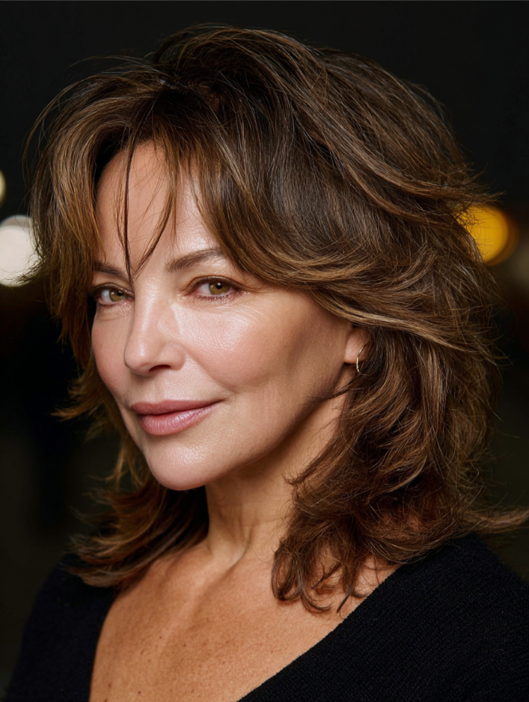 frau mit schulterlangem federschnitt