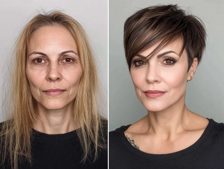 frisuren für ein eckiges gesicht ab 50 vorher nachher assymetrischer pixie cut