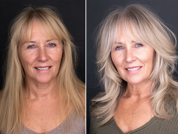 frisuren für ein eckiges gesicht ab 50 vorher nachher gestufter shag