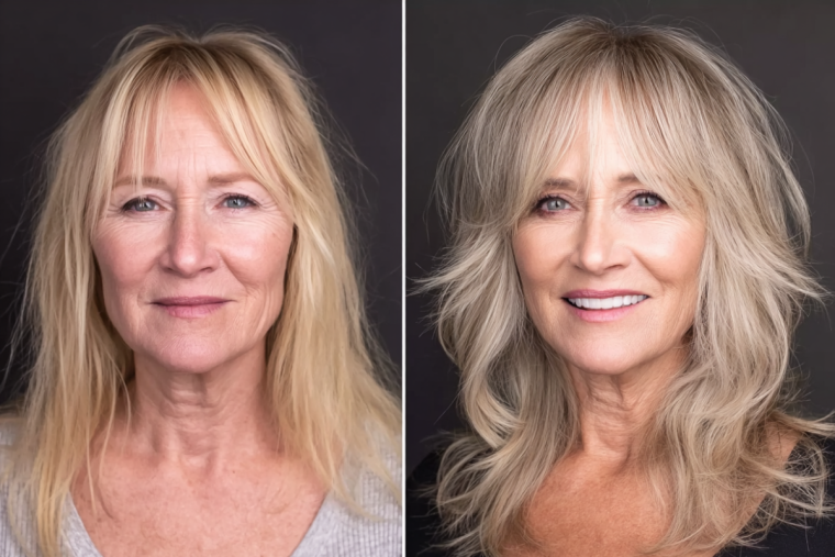 frisuren für ein eckiges gesicht ab 50 vorher nachher shag cut