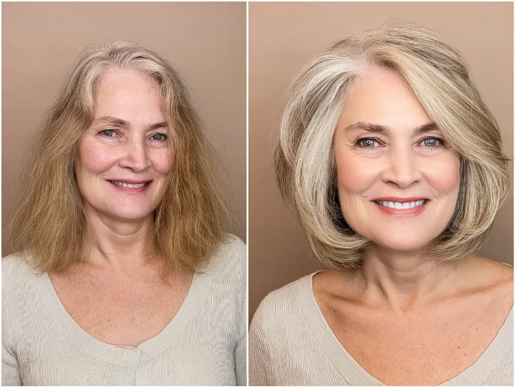 frisuren für ein eckiges gesicht ab 50 vorher nachher volumen bob mit seitenscheitel