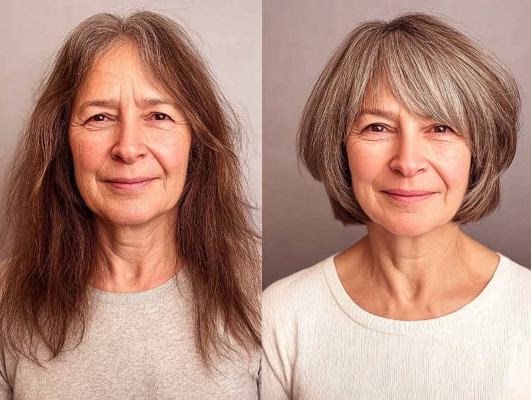 frisuren für ein eckiges gesicht ab 50 vorher nachher